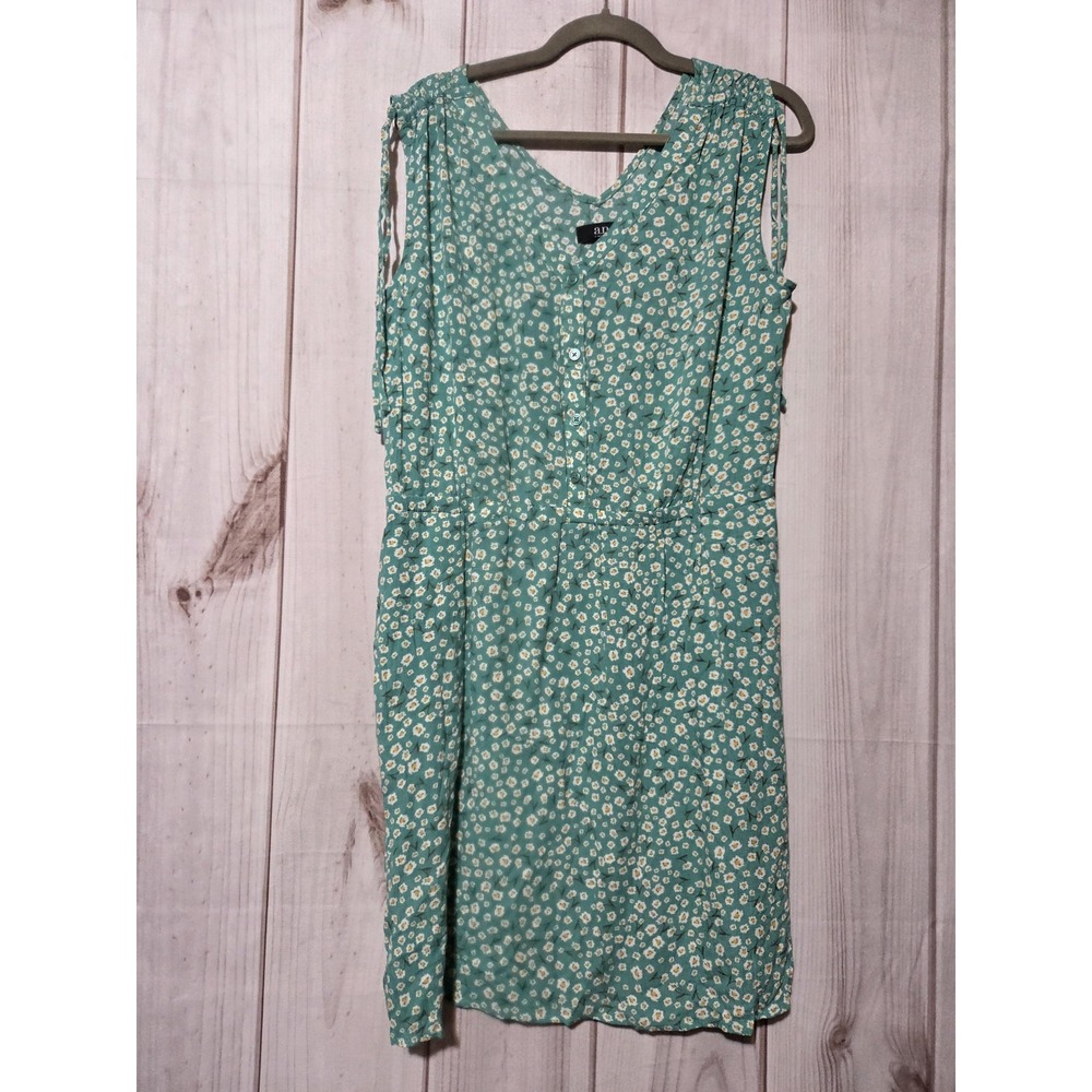 A.n.a Sundress Womens Large Green‎ Floral V Neck Button Front Pockets Rayon